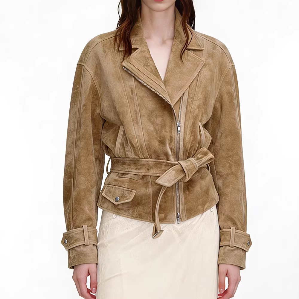 HN6139 Genuine Leather Jacket, Cashmere Leather, European and American Style, Casual and Elegant, Belted Waist Zipper Jacket for Women