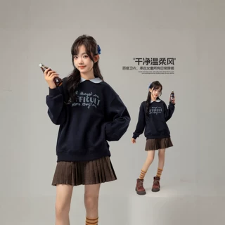 女大童春秋款字母刺绣青少年卫衣学院风翻领宽松休闲初中生上衣15