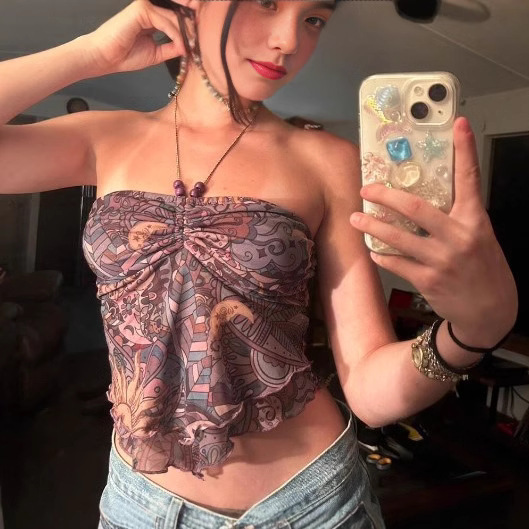 Sommerliches Damen-Top im Y2K-Stil mit Sonnenblumenmuster, Neckholder, trägerlos, europäisch-amerikanisch, sexy und asymmetrisch geschnitten_voghion.com