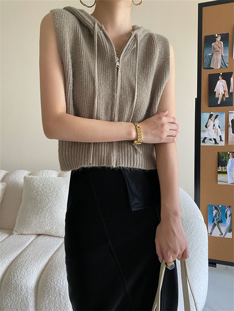 Retro chaleco encapuchado de hombro de punto Cardigan corto de mujer outer vestir otoño nuevo suéter suelto sin mangas abrigo
