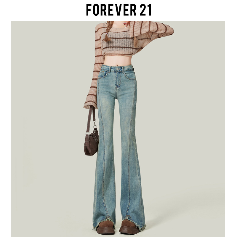 Forever 21 light blue-Edge Micro-Flare Jeans Women's Spring High-Waist Slim-Fit Slimming Horseshoe Pants