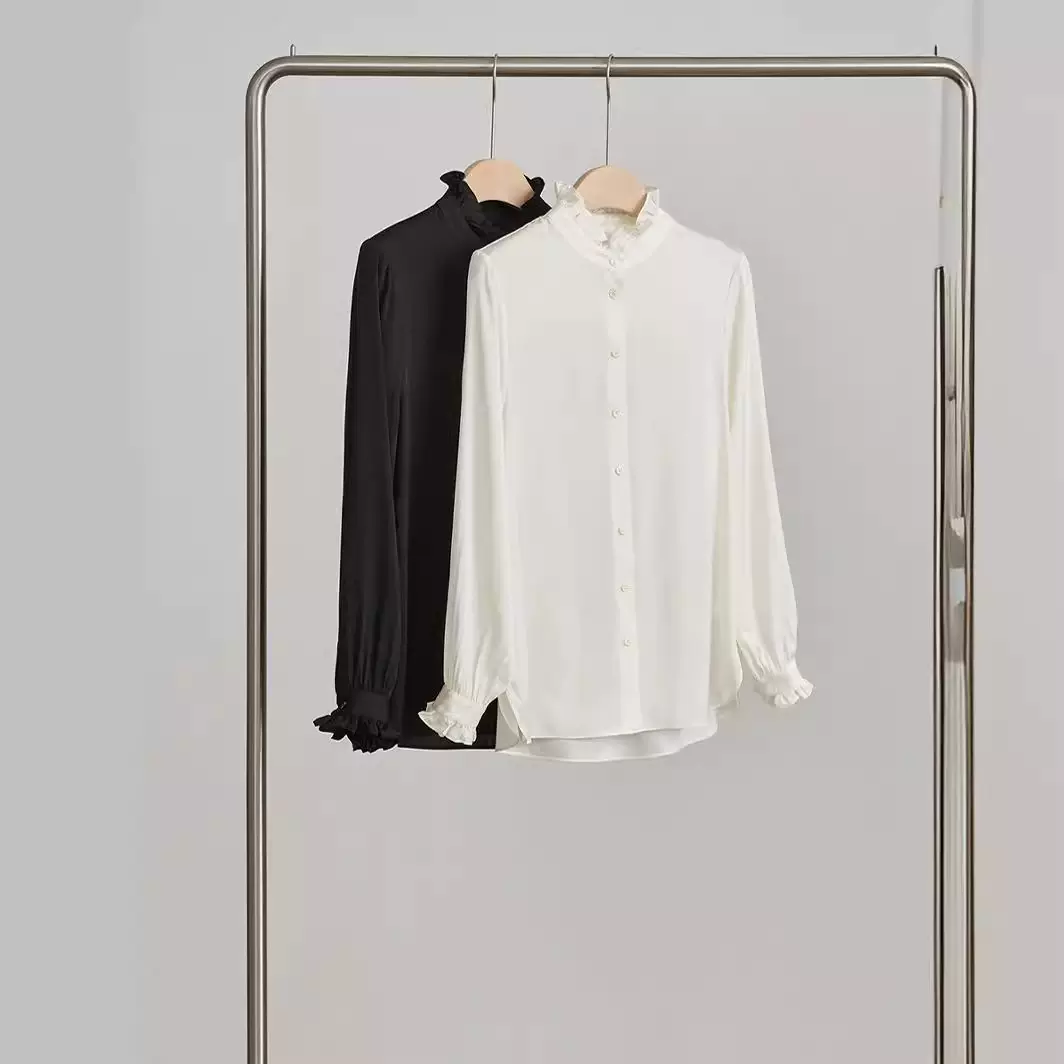 严选秋季真丝轻熟法式衬衫纯色简约桑蚕丝衬衣女气质通勤长袖上衣