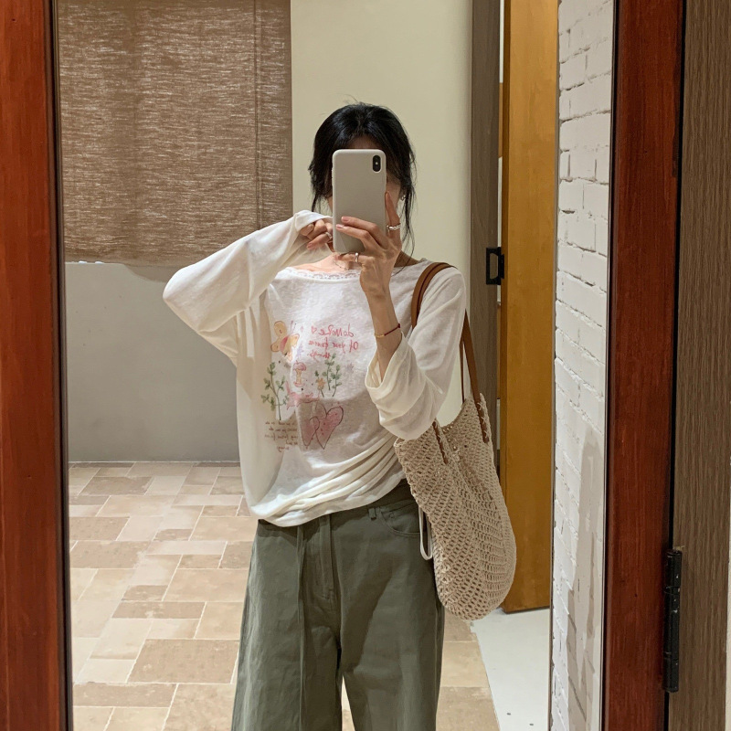 Brivi White Printed Ice Silk Stretch T-Shirt for Women, New Summer Style, Sun-Protective, Off-Shoulder, Lace Trim, Loose Fit, Slimming Top Brivi White Printed Ice Silk Stretch T-Shirt for Women, New Summer Style, Sun-Protective, Off-Shoulder, Lace Trim, Loose Fit, Slimming Top