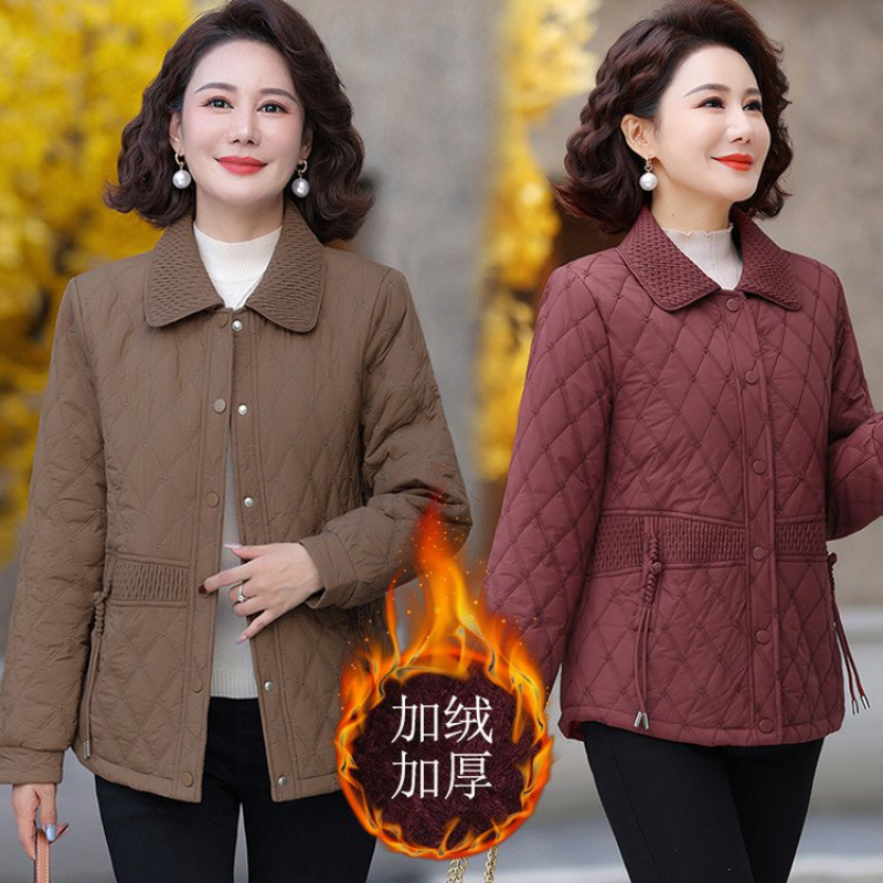 时尚妈妈翻领加绒棉服外套秋冬新款洋气高贵轻薄棉衣中老年上衣女|undefined