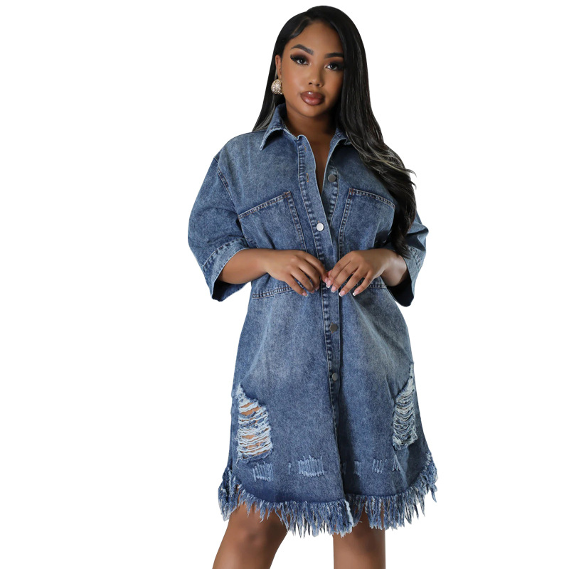 Plus Size Women's New Denim Ripped Tassel Short Sleeved Lapel Dress Factory Direct Sales_voghion.com