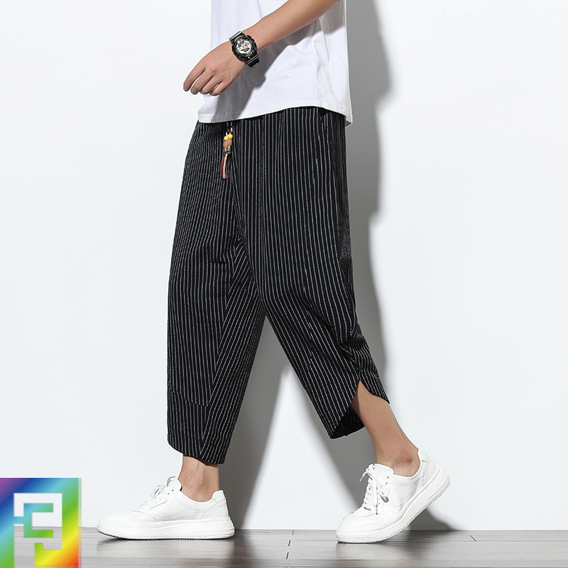 2023 Summer Chinese Style Striped Capri Pants Men's Linen Loose Harlan Wide Leg Pants Fashionable Large Size Bloomers