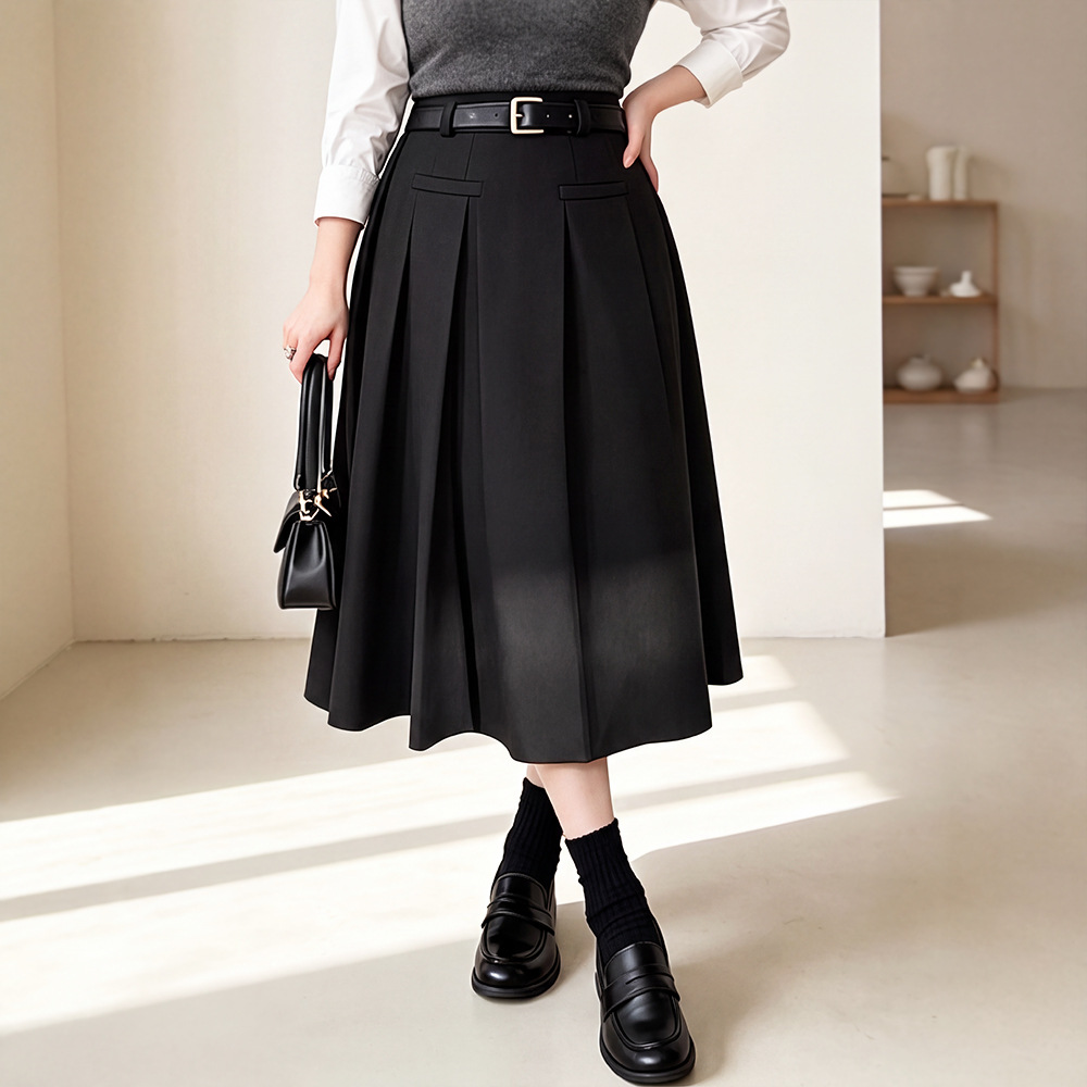 120-300 Plus Size Women's Pleated Skirt 2026 Autumn and Winter New Style for Fat Girls High-Waisted Lace-Up Elegant A-Line Skirt