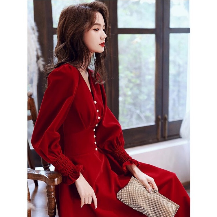 Toast dress bride wedding casual dress 2023 autumn and winter back-to-door engagement dress wear red velvet dress