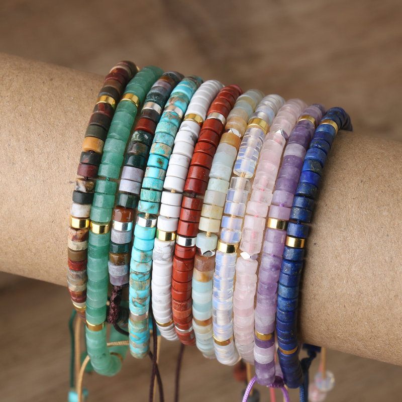 2x 4 Natural Stone Pink Crystal Red Pine Spacer Beads Woven Bracelet Natural Stone Adjustable Rope Ladies Bracelet Gift