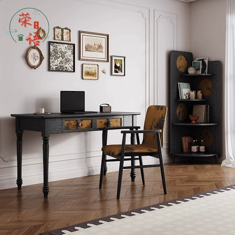 Письменный стол из цельного дерева во французском стиле, черный письменный стол для каллиграфии в стиле ретро Xiangyunsha, легкий роскошный домашний офисный стол из красного дуба, стол из цельного дерева.