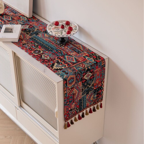 Imanqi Yun Table Banner with Red Holiday Geometric Fringe Brocade Tablecloth, Factory Direct Supply