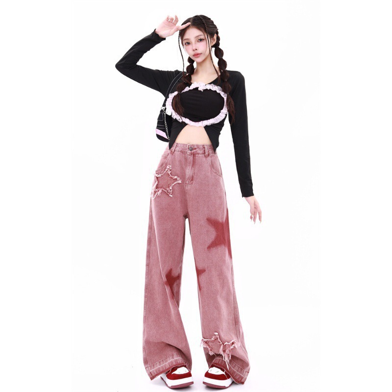 Embroidered Raw Edge Low-Waist Jeans American Retro Five-Star Women's Autumn Dopamine Wear Dirty Pink Wide-Leg Pants