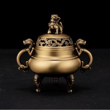 中式黄铜香炉象足龙凤狻猊带盖铜香炉双龙家用摆件工艺品三足鼎