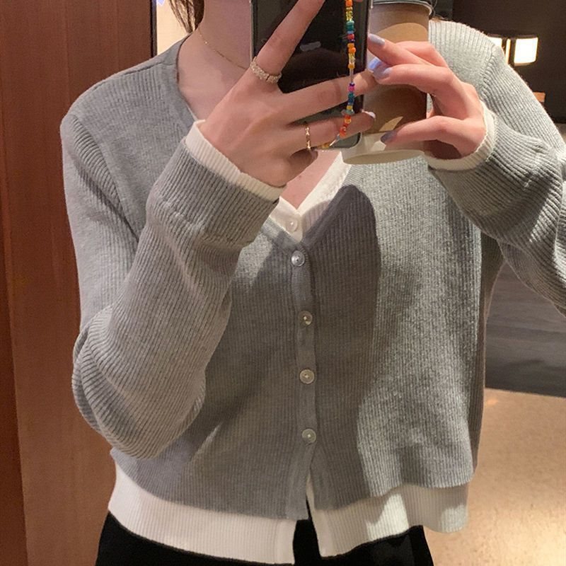 小柄な人向けの快適なフェイクツーピース、配色スウェット、カーディガン、春夏ゆったり、万能薄手ショートニット、レディーストップス|undefined