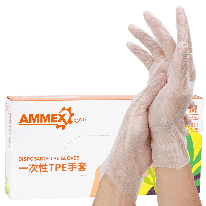 En stock AIMA guantes desechables al por mayor TPE catering hornear belleza cabello teñido película de plástico transparente CPE