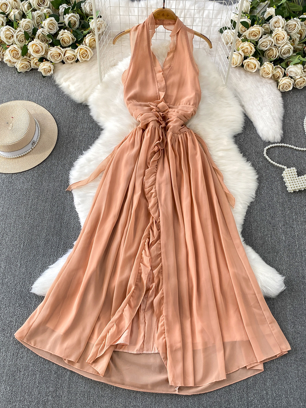 French-Style Elegant V-Neck Halter Dress for Women, Autumn and Winter, Pleated Waist-Cinching, Slimming, Sexy Ruffled Hem, Slit Long Dress