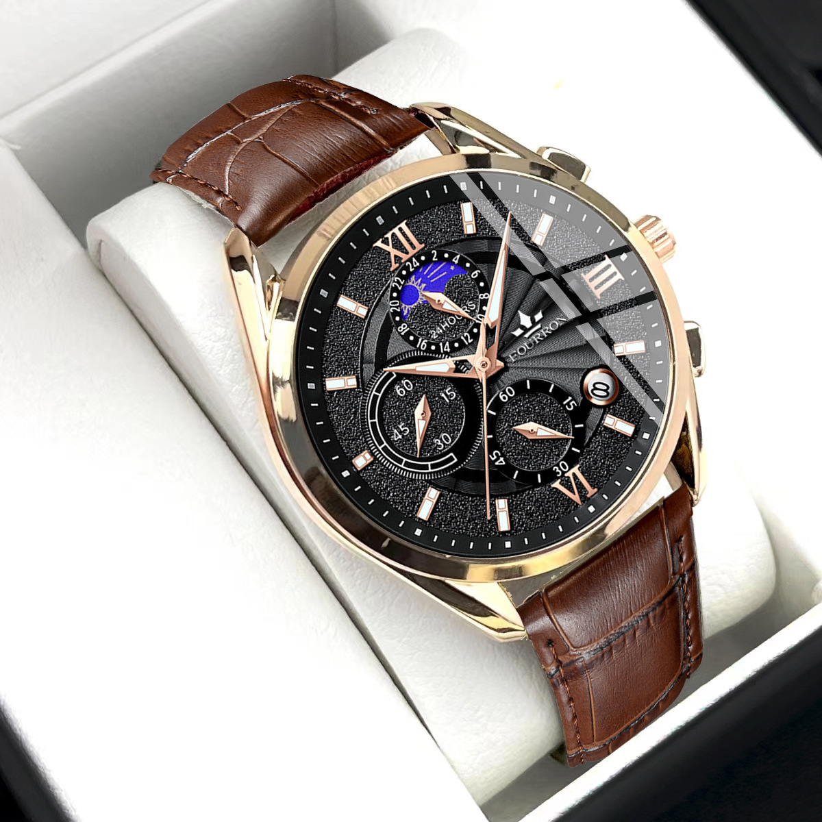 FOURRON手表真皮个性多功能日历防水直播粉丝福利假六针特价男士