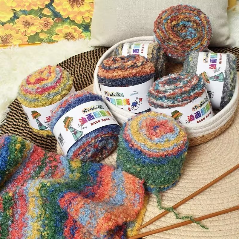 暖色油画圈圈线渐变花式线手工DIY帽子围巾100g彩虹圈圈毛线批发