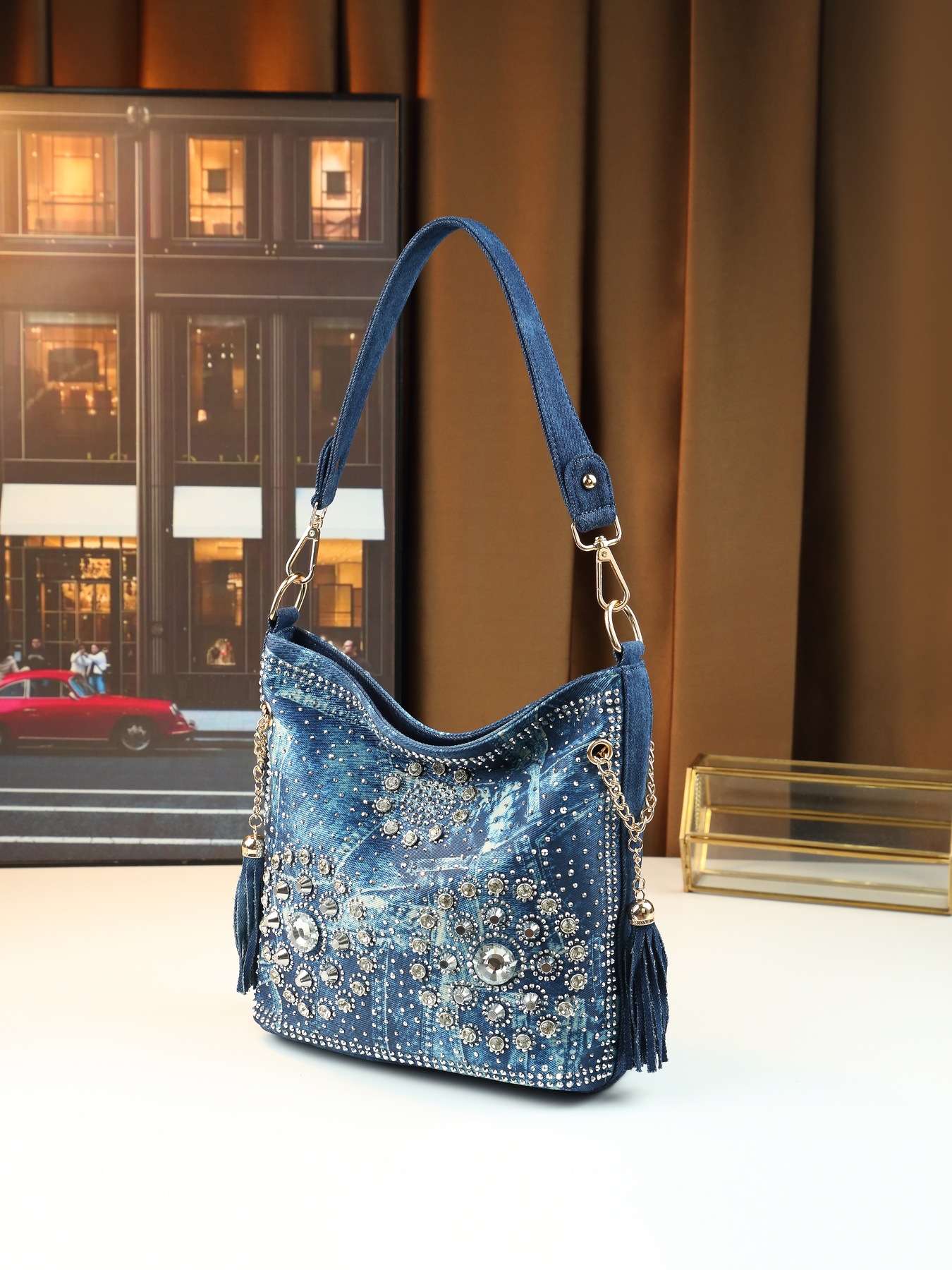 Borsa a spalla da donna in jeans con strass borsa a tracolla_voghion.com