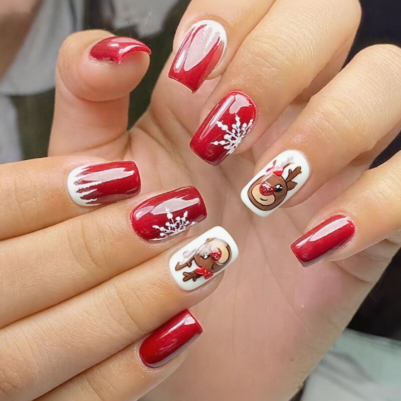 New Cross-Border Nail Art Patch European and American Christmas Snowflake Elk Pattern Design Mid-Length Square Wearable Nail Patch