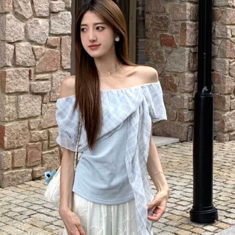 Irregular Ribbon Design 2025 New Summer Style Ruffled Slanted Shoulder Plaid T-Shirt Short-Sleeved Sweet Elegant Top