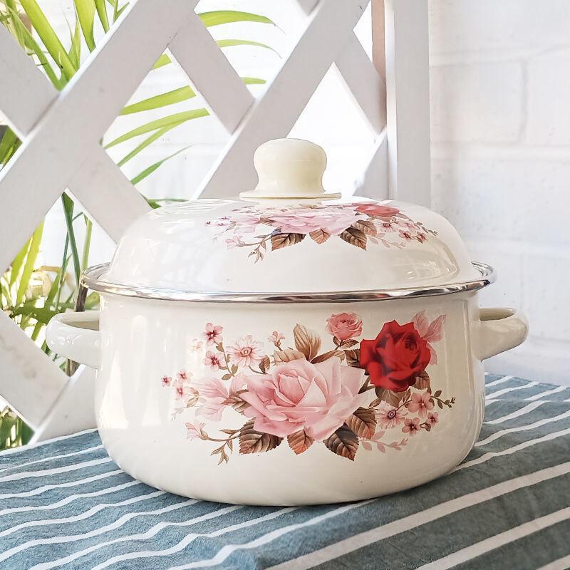 Old-Fashioned Lard Jar Enamel Bowl Household Lard Container Double-Eared Enamel Basin with Lid Thickeneded Stew Pot High Temperature Resistance