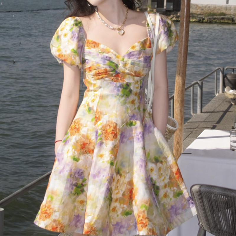French-Style Floral Sweet Dress for Women, Spring/Summer Style with Heart-Shaped Neckline, Twisted Puff Sleeves, Waist-Cinching A-Line Short Dress