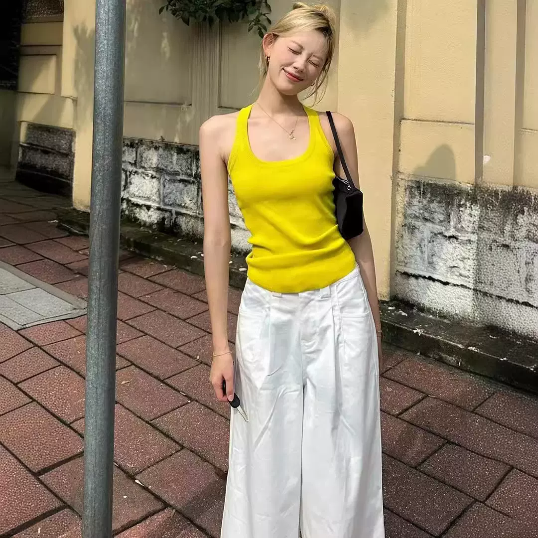 卡逸黛修身柠檬黄挂脖吊带背心女少女可爱显白显瘦上衣内搭外穿女