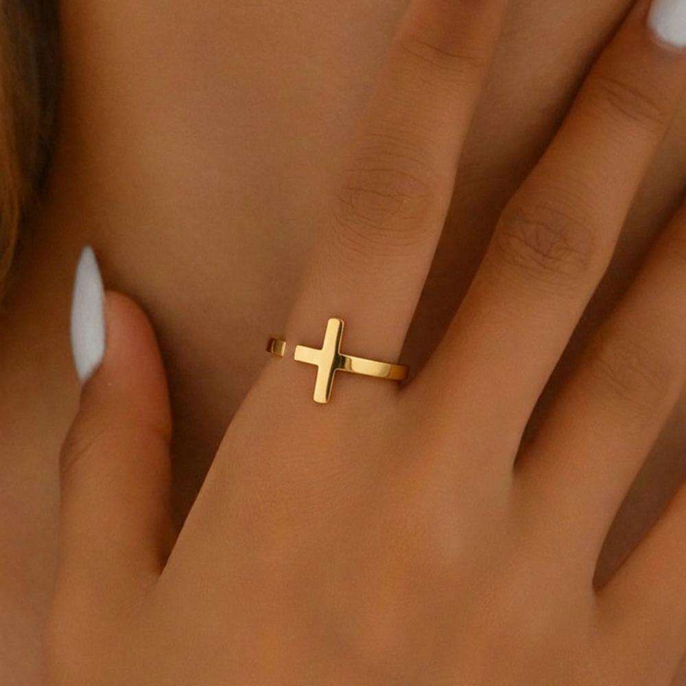 Stainless Steel Plated 18K Gold Cross Opening Adjustable Ring for Men and Women Cross-Border Hot Selling Retro Hip-Hop Hand Jewelry