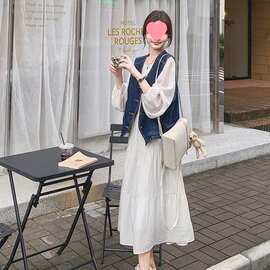 初秋穿搭感套装复古气质牛仔马甲长袖连衣裙今年流行两件套裙