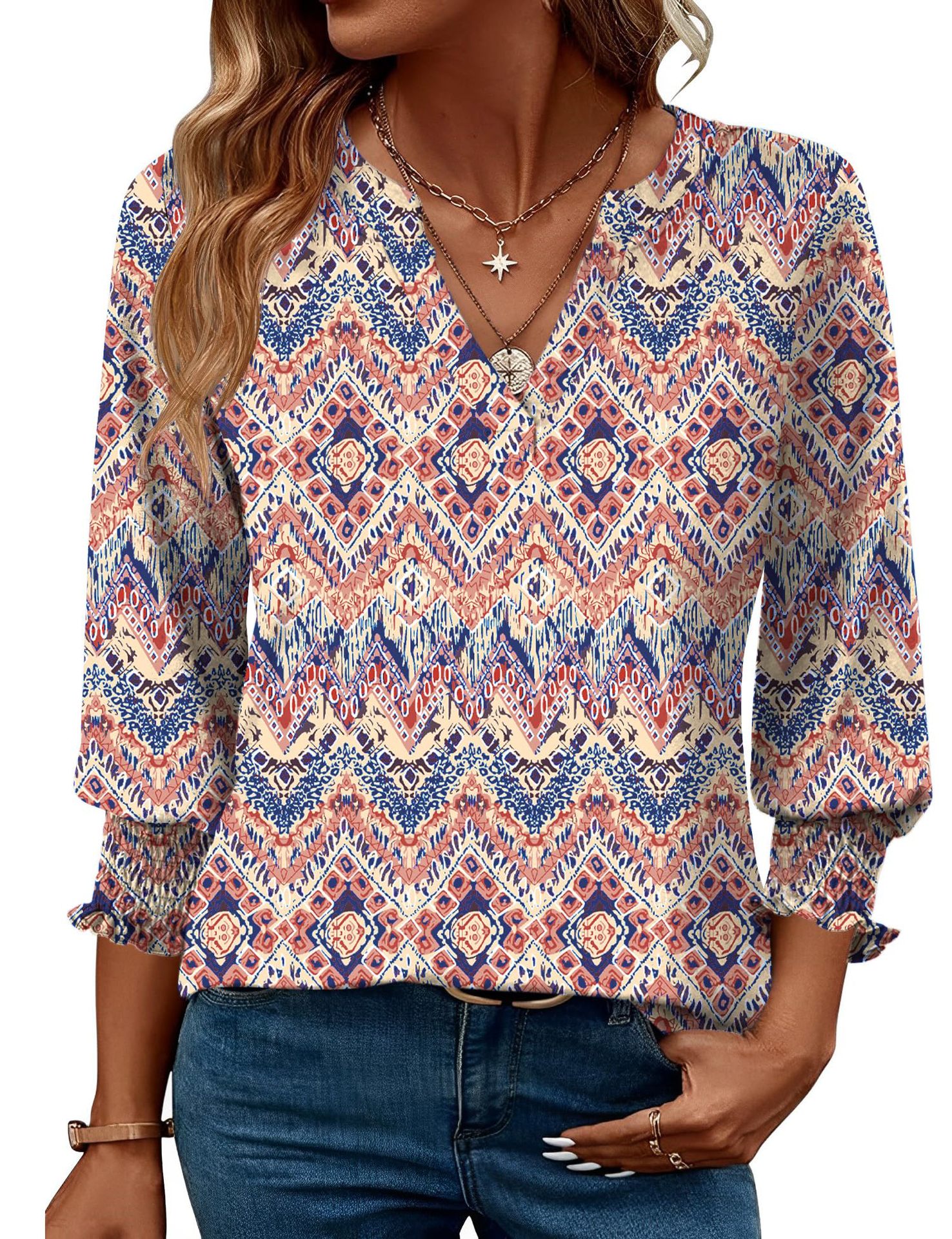 European And American Cross-border Women's 2026 Fashion Top, Three-quarter Sleeve Floral Print Casual Shirt, Summer_ecoleips.com