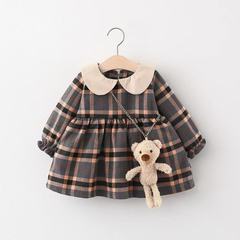 Spring and Autumn Girls' Bear Clutch Bag Grid Dress Korean Version Long Sleeve Princess Dress Dropshipping 1250