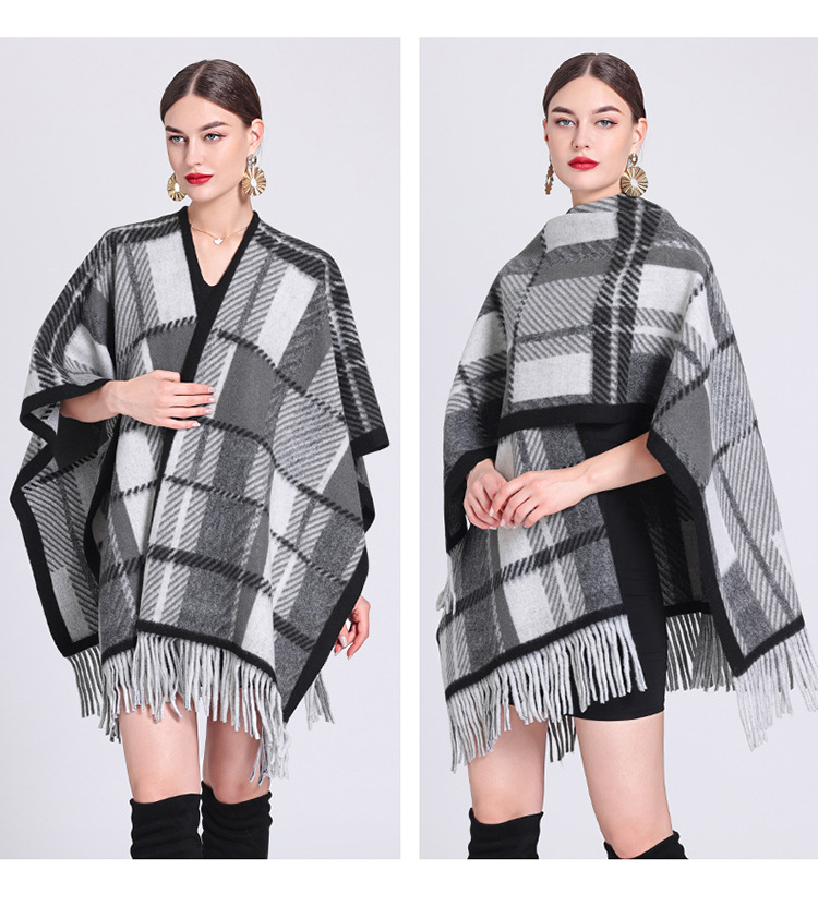 Schalumhang Damen karierte Strickjacke mit Fransen karierter Umhang Schal Wollmantel_voghion.com