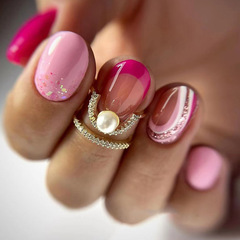 Elegant Barbie Pink Glitter Ripple Beauty Nails Round Head French Instagram Style Removable Nail Art