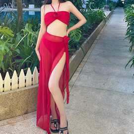 2025新款性感纯欲风显白BIKINI四件套红色长袖度假泡温泉泳衣女