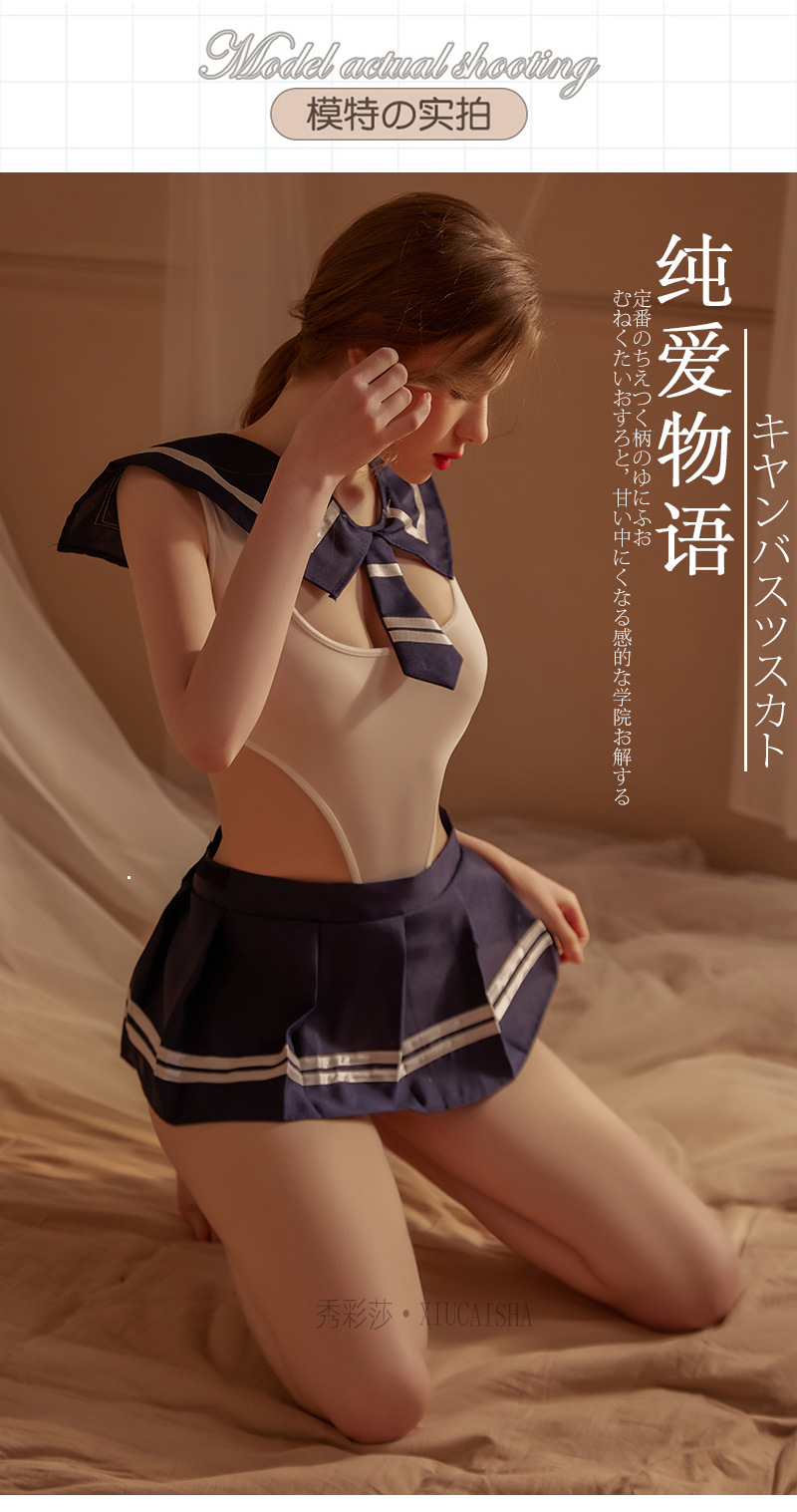 Sailor Schoolgirl Costume Set with Mini Skirt and Striped Socks — detail image 6