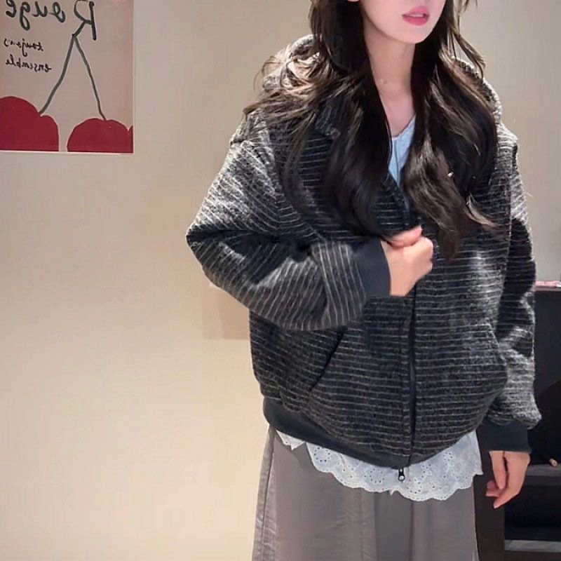 美式复古韩系连帽卫衣外套女秋季慵懒风宽松条纹撞色开衫百搭上衣|undefined