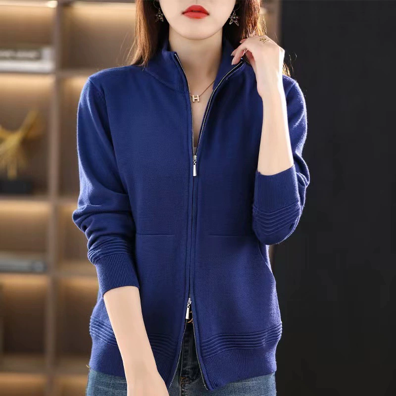 Свободная повседневная минималистская вязаная куртка женская осень-зима новый двухголовый трикотажный кардиган на молнии женский свитер с воротником