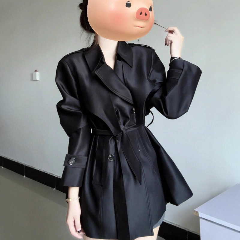 Short Black Waist-Cinching Trench Coat for Women, 2025 Autumn New Style, Very Stylish, Petite, Trendy, Slimming
