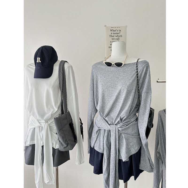 Lazy Style Lace-up Fake Two-piece Design Sense Tight Waist Strap Loose Thin Sunscreen Shirt Summer Long-sleeved T-shirt Lazy Style Lace-up Fake Two-piece Design Sense Tight Waist Strap Loose Thin Sunscreen Shirt Summer Long-sleeved T-shirt