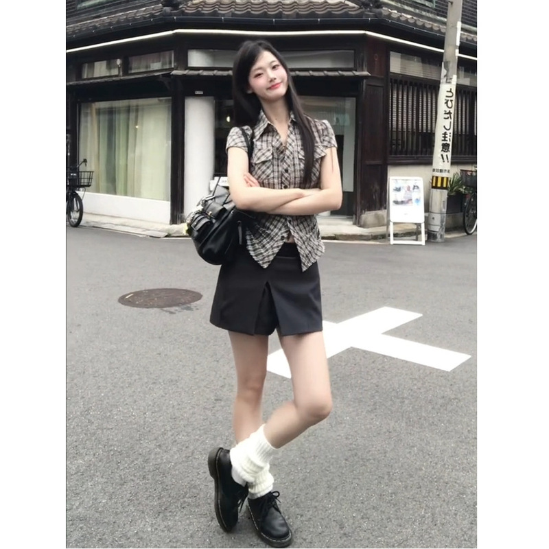MR【原版格子】韩系复古格子掐腰衬衫女夏季设计感修身短款衬衣上|undefined