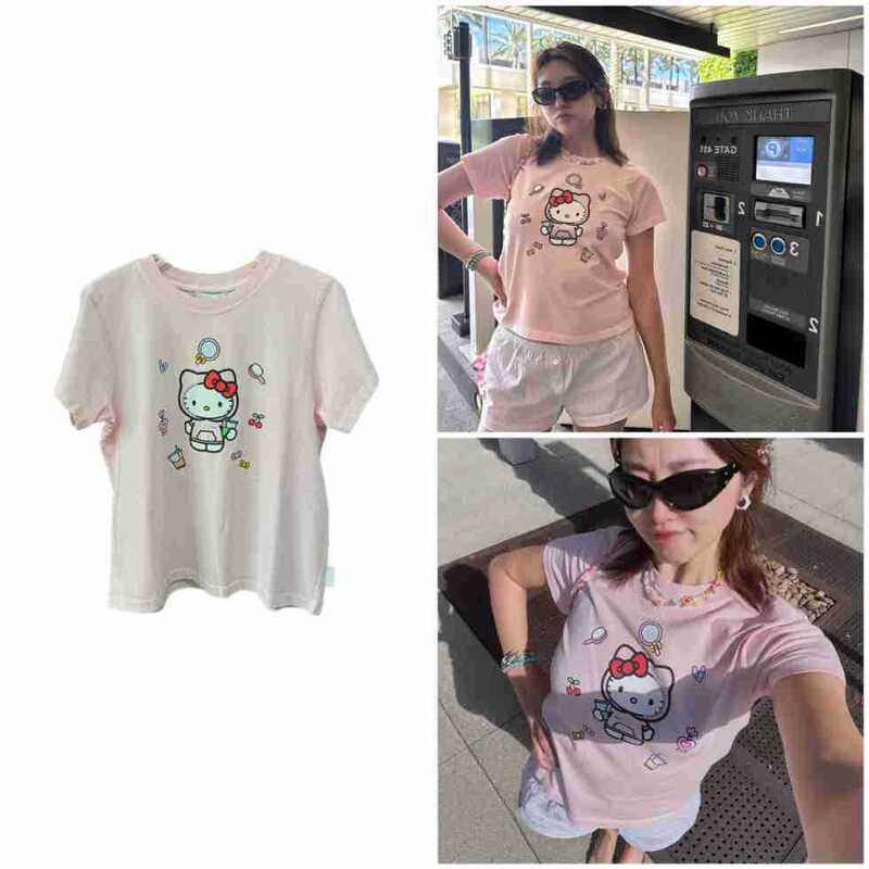 Hello Kitty co-branded cartoon print round neck short-sleeve T-shirt for women, sweet and youthful, loose casual top, summer 26 Hello Kitty co-branded cartoon print round neck short-sleeve T-shirt for women, sweet and youthful, loose casual top, summer 26