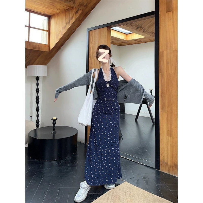 Женское летнее платье 2025 года с французским кружевом, цветочным принтом, завязками на шее и новым дизайном талии, длинная юбка для отдыха