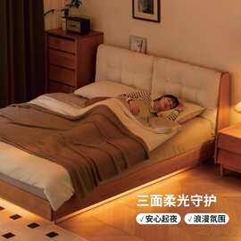 实木箱体床储物床樱桃木双人床现代简约软靠悬浮床收纳床