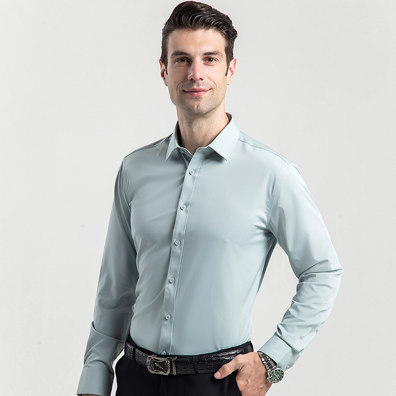 Camisa de negocios de primavera y otoño para hombres camisa de manga larga de fibra de bambú sin planchar de color sólido casual para hombres camisa de otoño