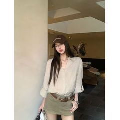 Polo翻领长袖棉麻衬衣衬衫女夏法式气质防晒开衫外套外搭宽松上衣