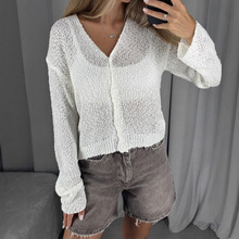 欧美气质简约V领针织衫女薄款罩衫外搭透视慵懒风长袖上衣早春款