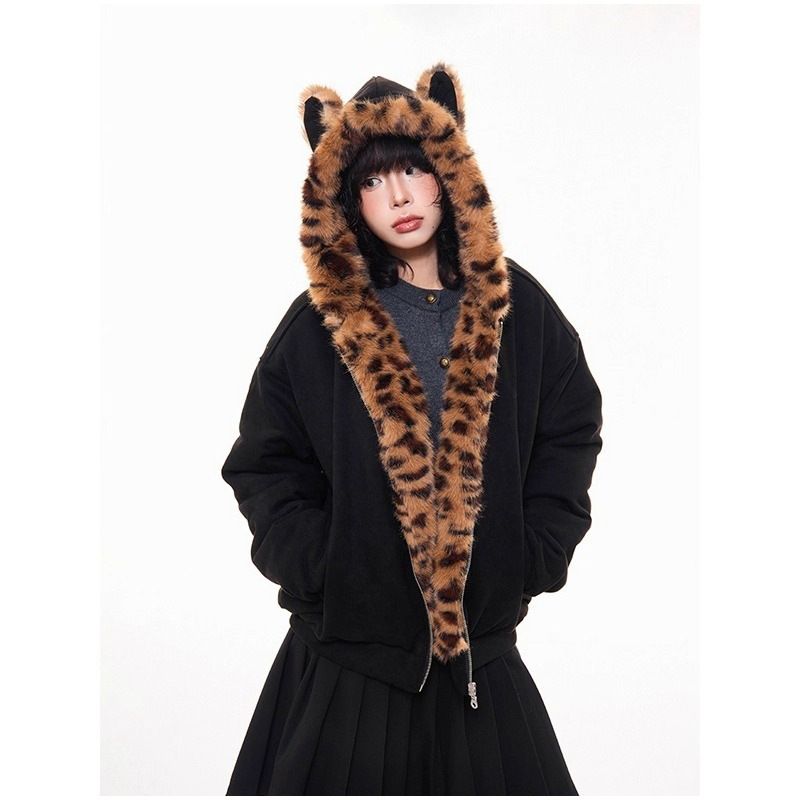 Leopard Print Hooded down Jacket with Fur Collar for Women, Short Winter Thickened Warm Cotton Coat Leopard Print Hooded down Jacket with Fur Collar for Women, Short Winter Thickened Warm Cotton Coat