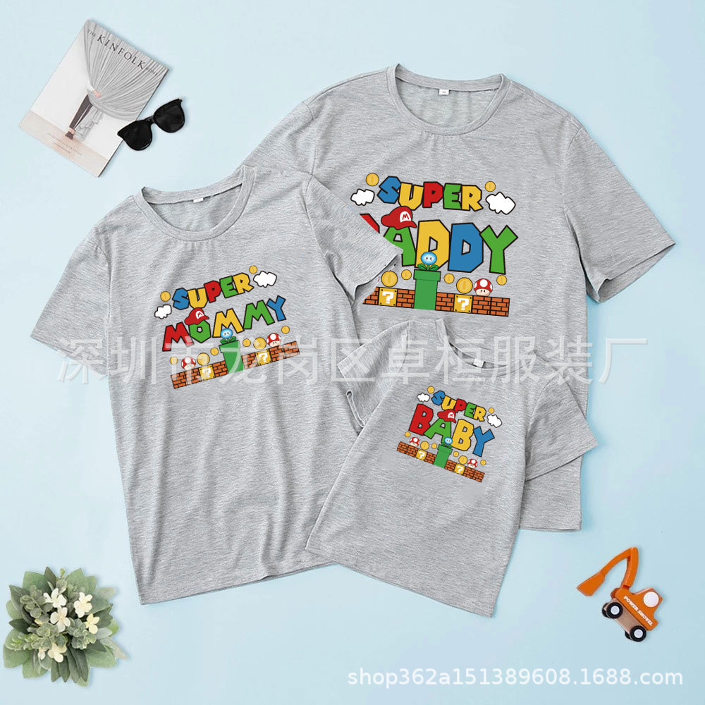 Moda de dibujos animados lindo manga corta hombres padre-niño ropa de clase camiseta suelta estilo coreano impreso Super Mary camiseta mujeres