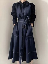 韩国chic极简主义优雅立领明线单排扣宽松绑带风衣式连衣裙长裙
